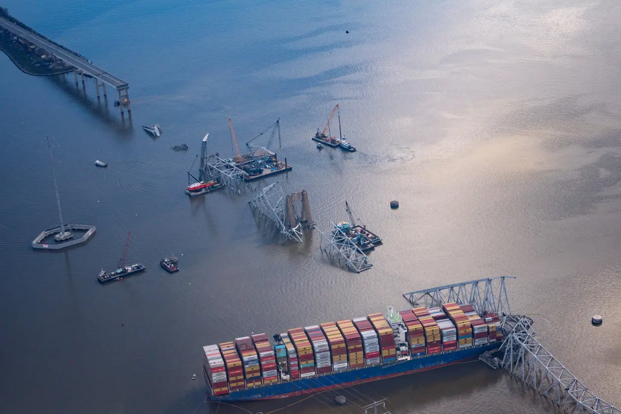 View of the Dali cargo vessel which crashed into the Francis Scott Key Bridge causing it to collapse in Baltimore, Maryland