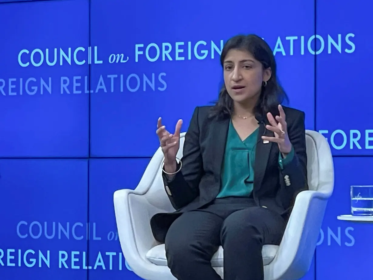 U.S. Federal Trade Commission Chair Lina Khan speaks at the Council on Foreign Relations in New York.