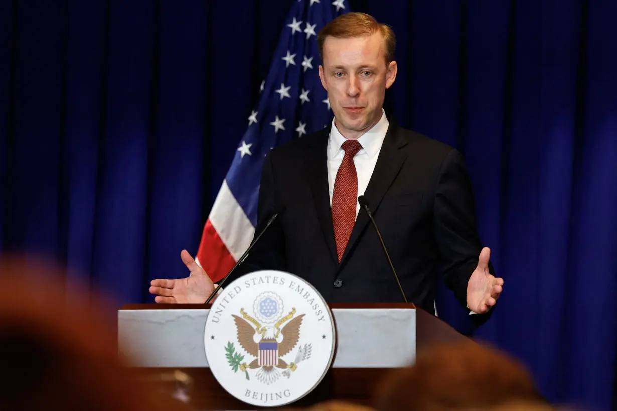 U.S. National Security Advisor Jake Sullivan attends a press conference in Beijing