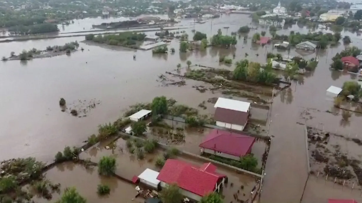 FILE PHOTO: A drone view shows flooding in Galati County