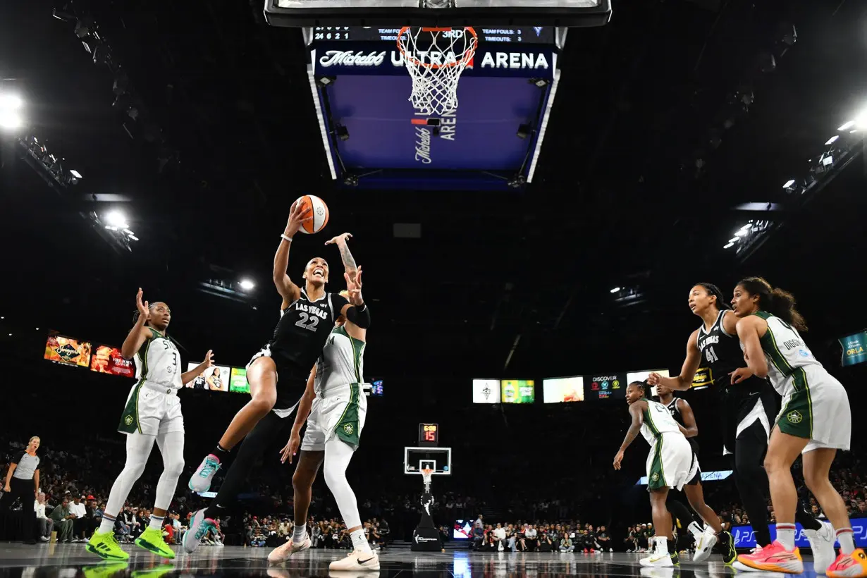 Newly crowned 2024 MVP A'ja Wilson drives to the basket in Game 1 against the Seattle Storm.