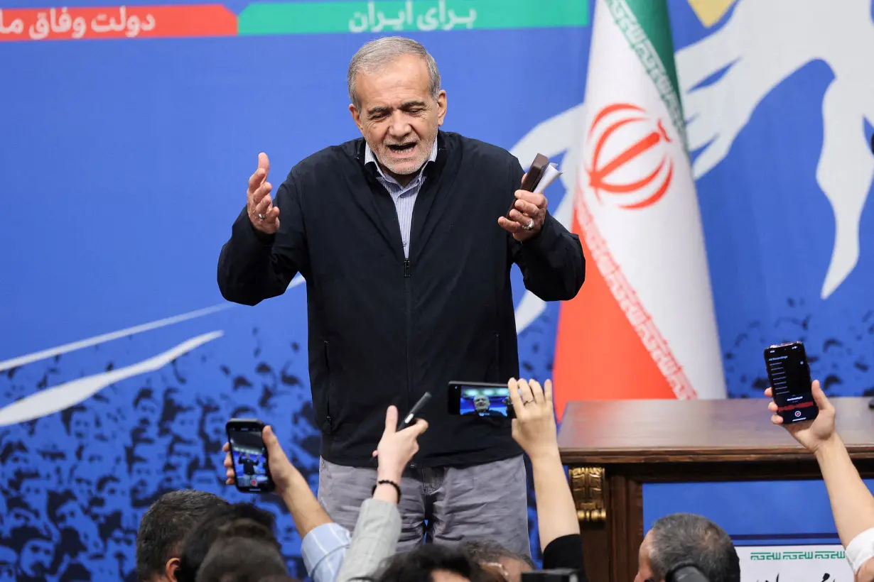 FILE PHOTO: Iran's President Masoud Pezeshkian attends a press conference in Tehran