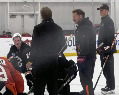 Father of Gaudreau brothers helps out on the ice at Philadelphia Flyers practice