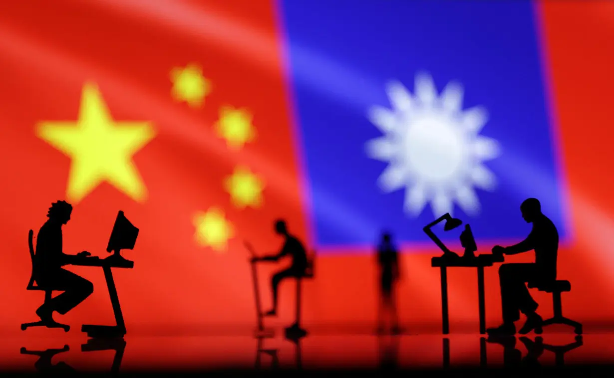 Illustration shows small figurines with computers, Chinese and Taiwanese flags