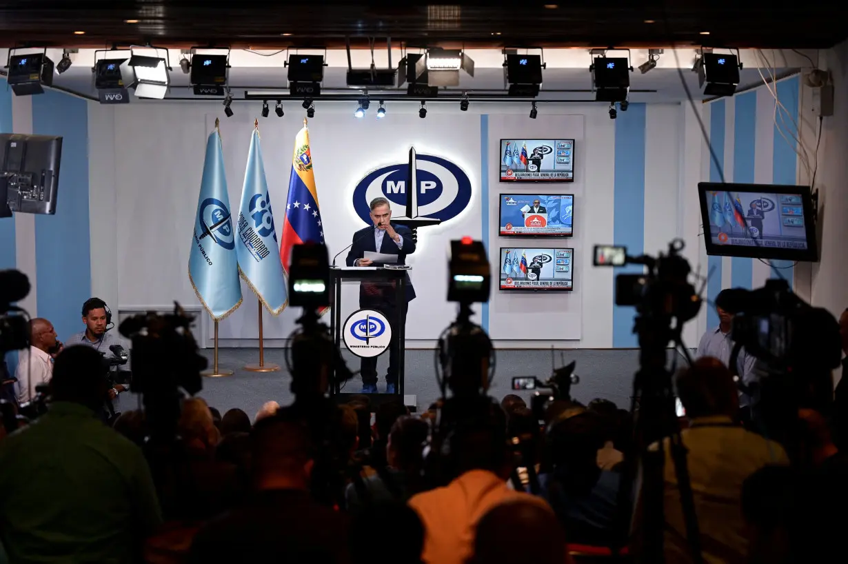 Venezuela's Attorney General Tarek Saab addresses the media, in Caracas