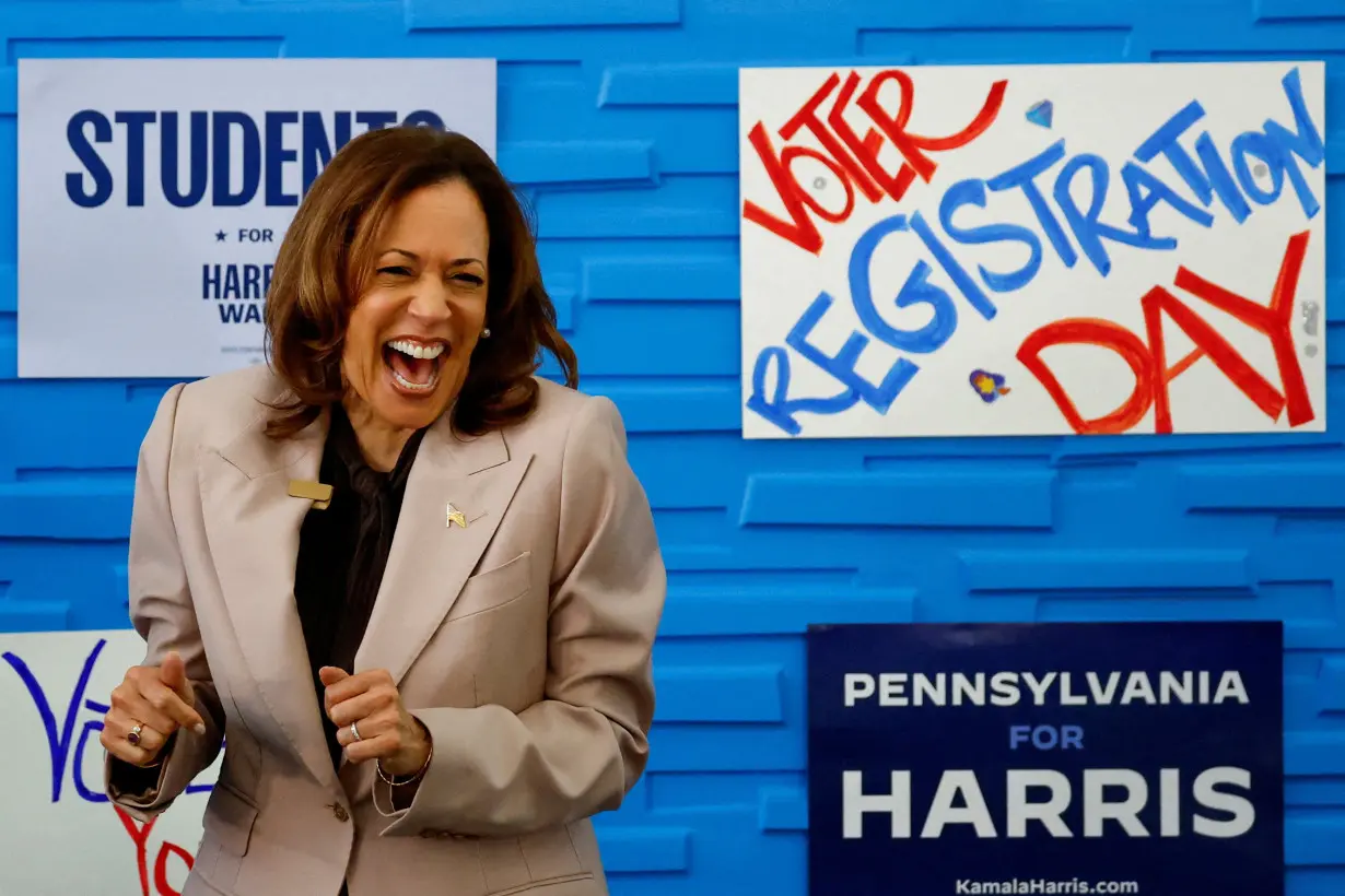 FILE PHOTO: Democratic presidential nominee and U.S. Vice President Kamala Harris campaigns in Philadelphia