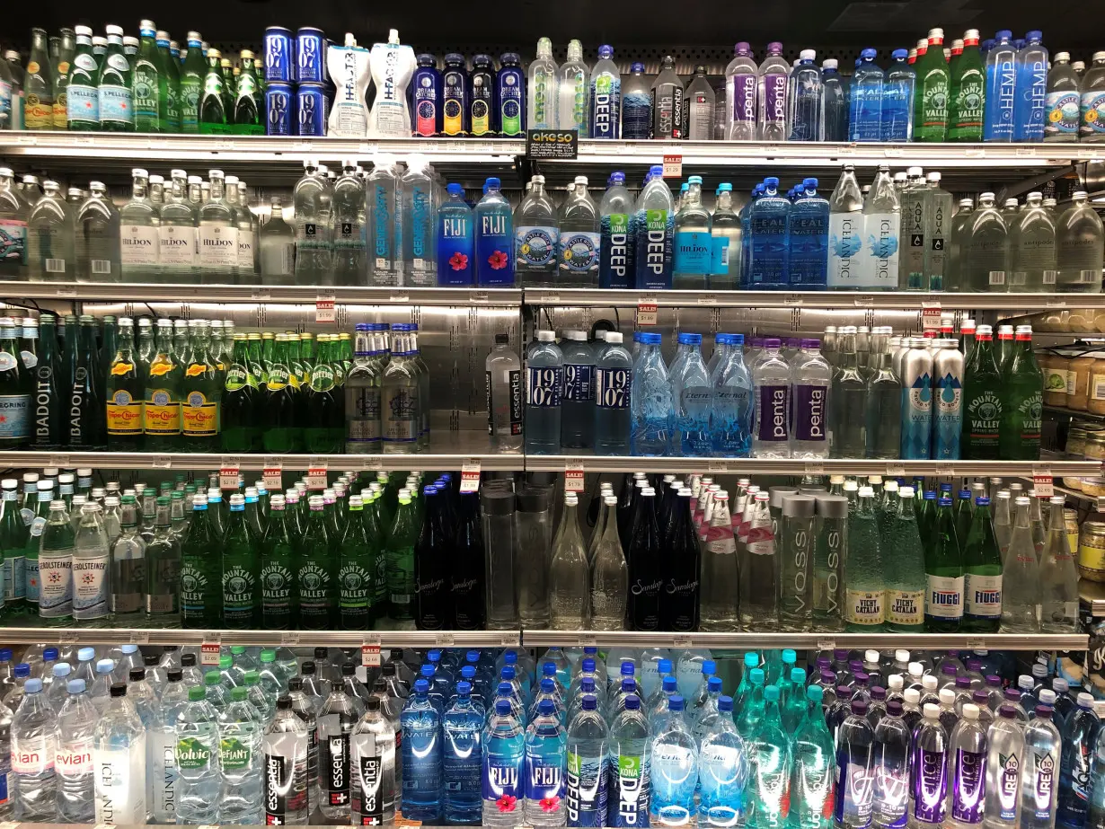 Bottled water brands are seen in a supermarket in Los Angeles