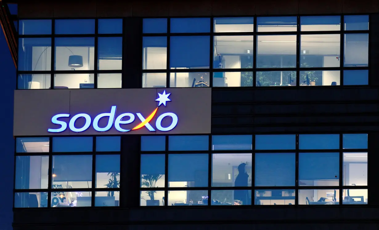 FILE PHOTO: The logo of French food services and facilities management group Sodexo is seen at the company headquarters in Issy-les-Moulineaux near Paris