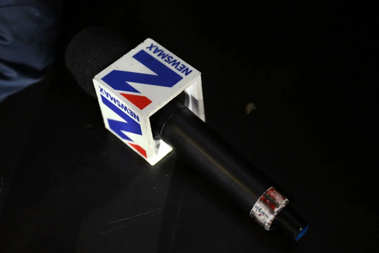 A Newsmax microphone is seen during the third day of the 2024 Republican National Convention at the Fiserv Forum in Milwaukee, Wisconsin, on July 17.