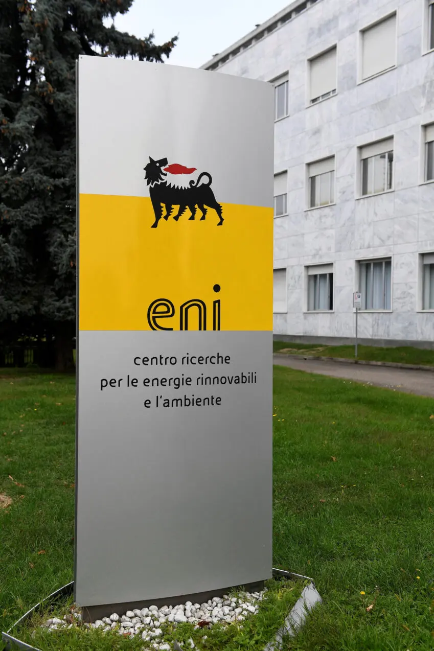 FILE PHOTO: The logo of Italian energy company Eni is seen at Eni's Renewable Energy and Environmental R&D Center in Novara