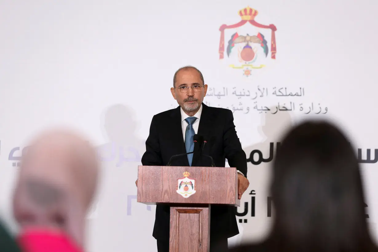 Jordanian Foreign Minister Ayman Safadi attends a press conference in Amman