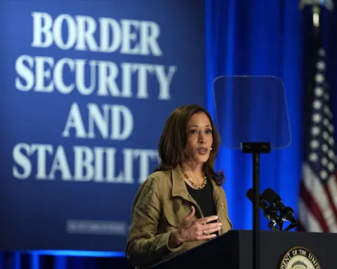 Harris walks fence at US-Mexico border as she works to project tougher stance on migration