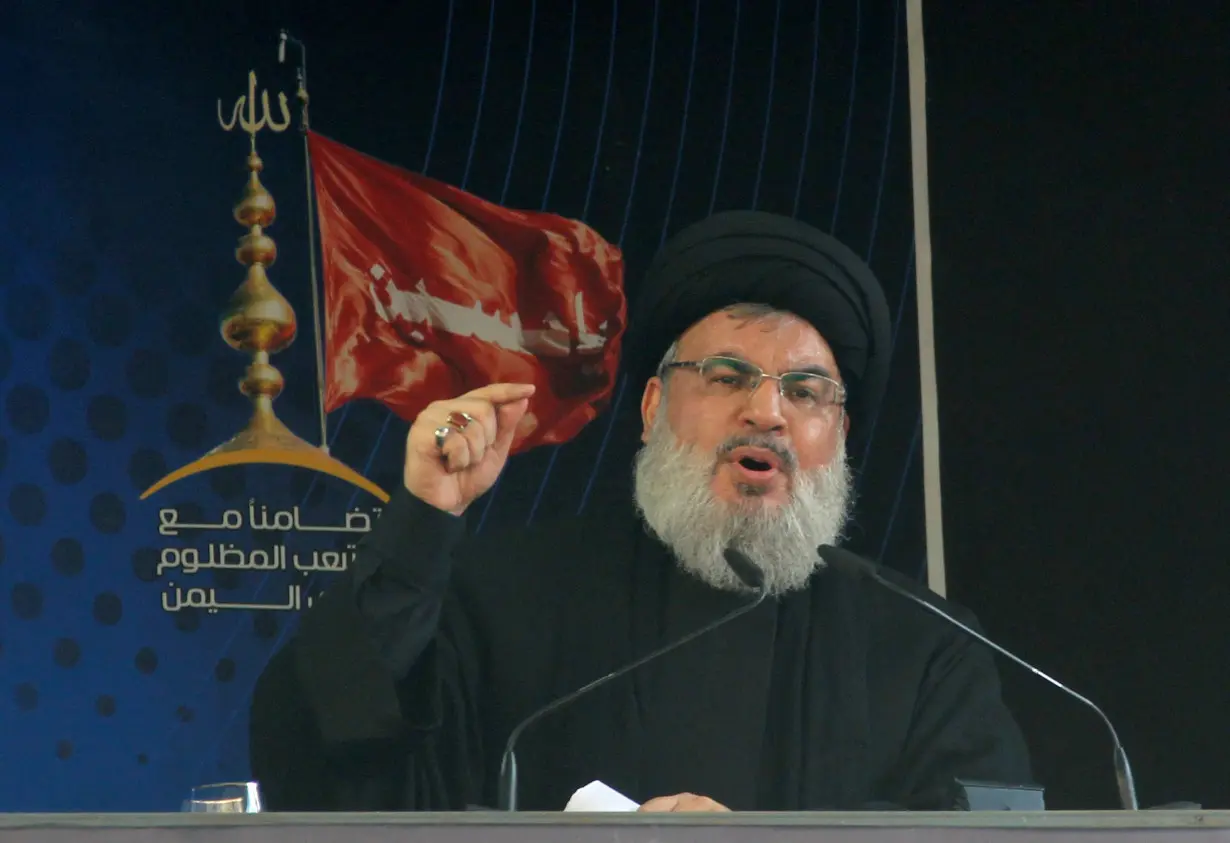 FILE PHOTO: Lebanon's Hezbollah leader Sayyed Hassan Nasrallah addresses his supporters during a public appearance at a religious procession to mark Ashura in Beirut's southern suburbs