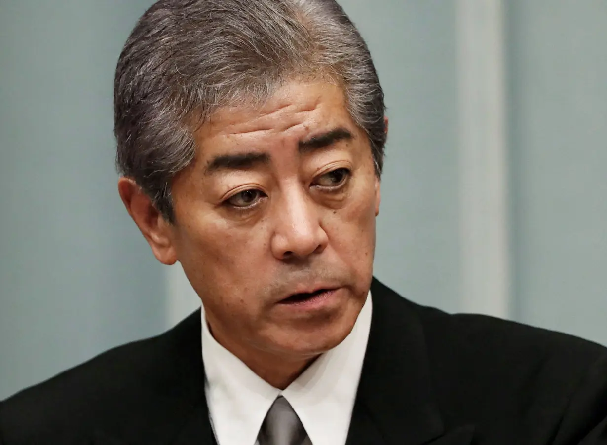 FILE PHOTO: Japan's Defence Minister Takeshi Iwaya attends a news conference in Tokyo