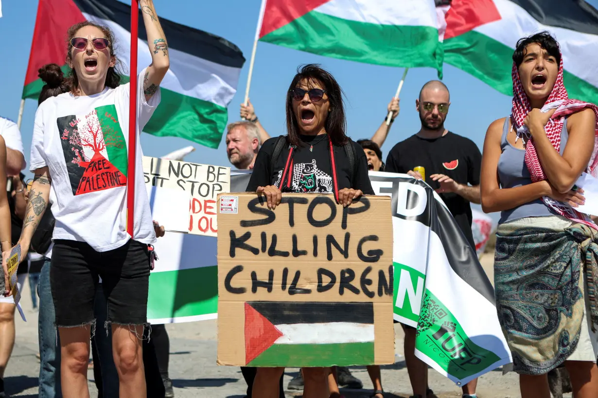 Demonstration outside RAF Akrotiri, a British military base in Cyprus, against the escalating crisis in the Middle East