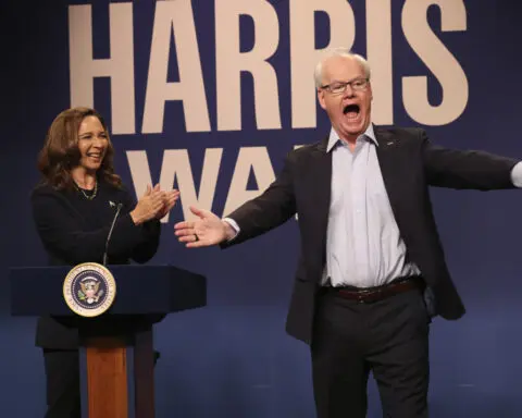 Maya Rudolph as Harris and Dana Carvey as Biden open the 50th season of 'Saturday Night Live'