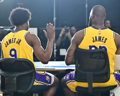 LeBron James and son Bronny share special moments during Lakers media day