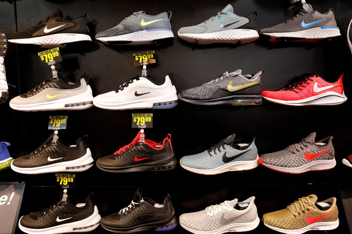 Nike shoes are seen displayed at a sporting goods store in New York
