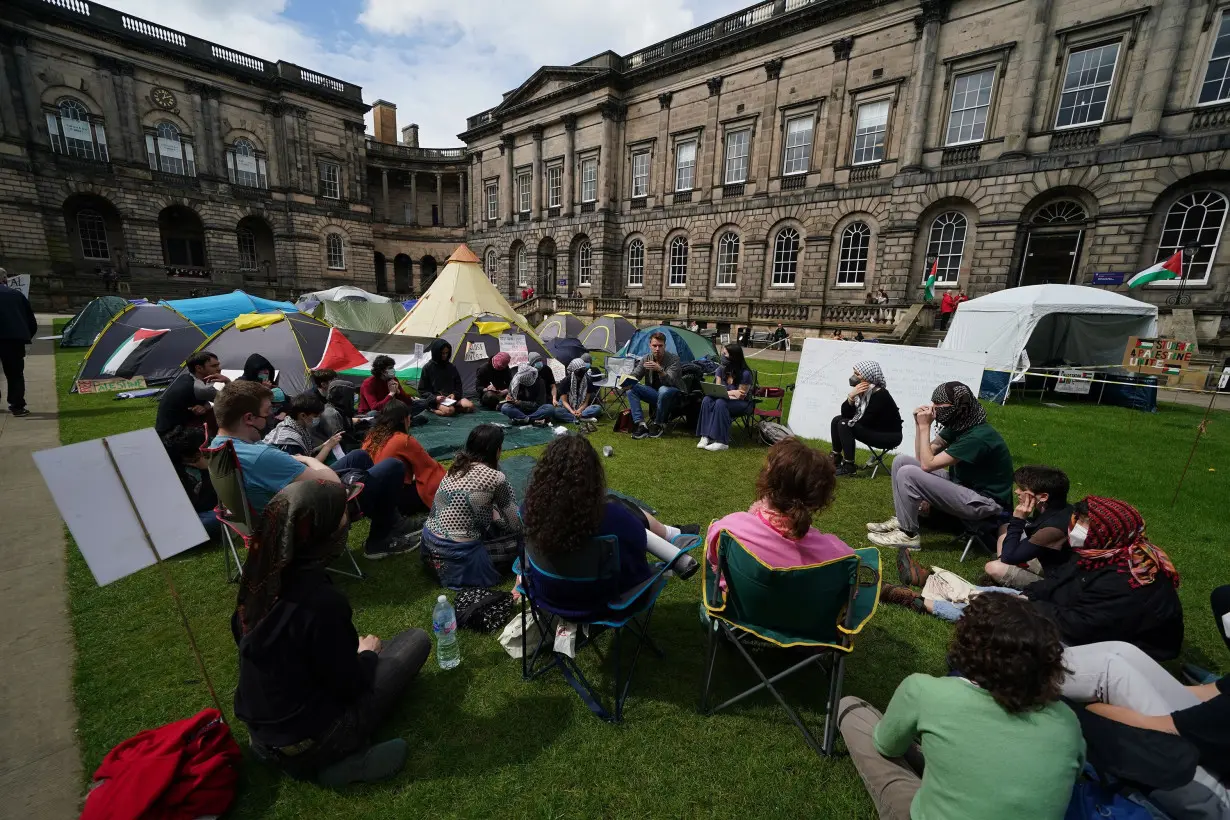 Students at an encampment at the Old College at the University of Edinburgh, protesting against the war in Gaza.