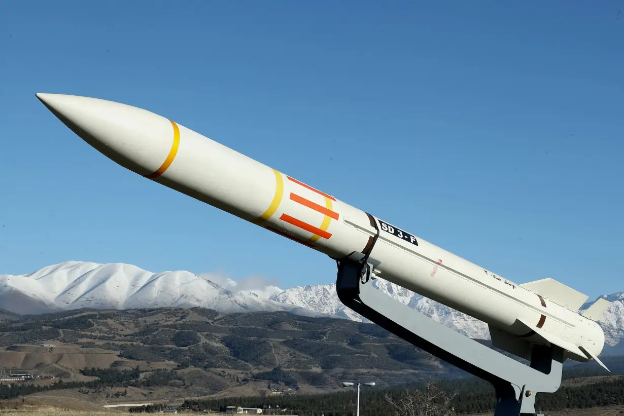 An Iranian missile is displayed during an unveiling ceremony in Tehran