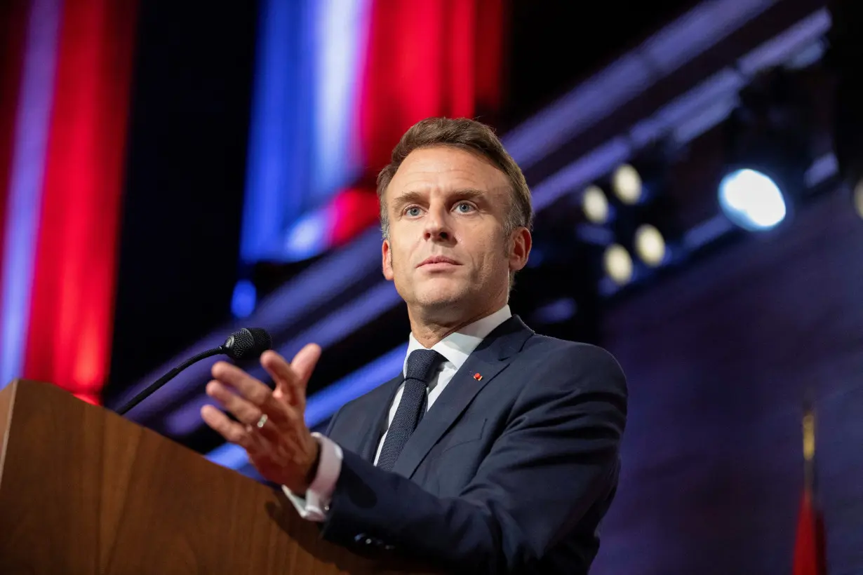 France's President Emmanuel Macron delivers a speech during a reception with Canada's Prime Minister Justin Trudeau in Montreal