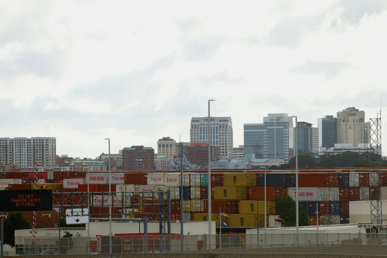 FILE PHOTO: Containers are stacked at the Portsmouth Marine Terminal