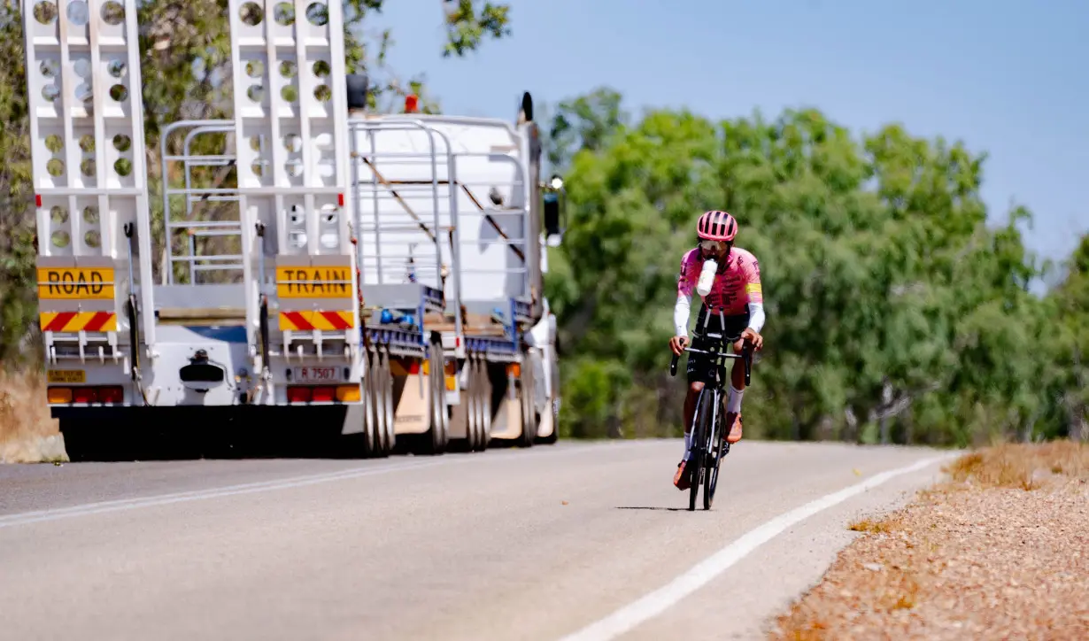 Morton has had to negotiate large trucks on his cycle around Australia.