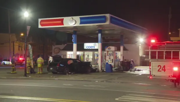 officer hurt in fight after man crashes into gas pump