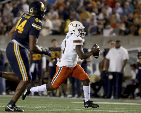 No. 8 Miami rallies from 25 points down to beat California 39-38