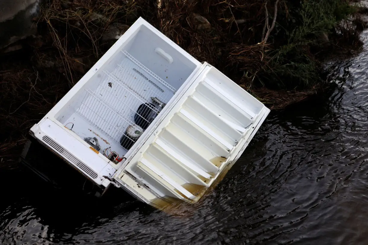 A refrigerator is pictured in the aftermath of Hurricane Helene in Steinhatchee, Florida.