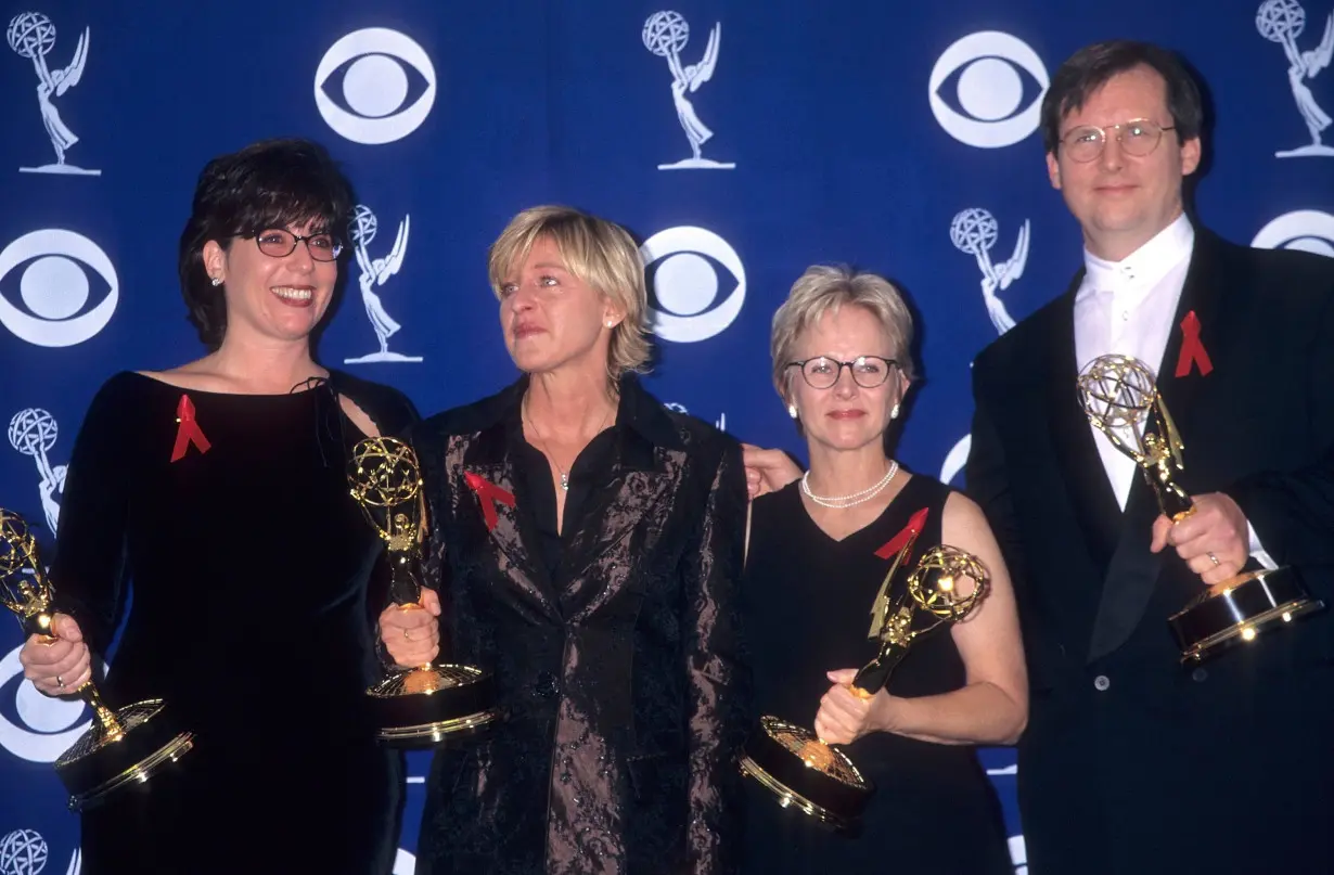 Dava Savel (left) poses with Ellen DeGeneres and writers Tracy Newman and Jonathan Stark at the 1997 Emmy Awards.