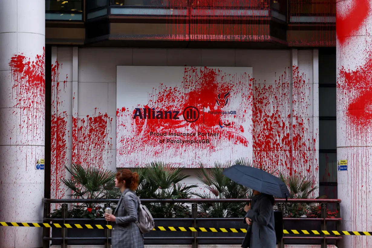 Office occupied by a unit of Allianz covered in red paint in London