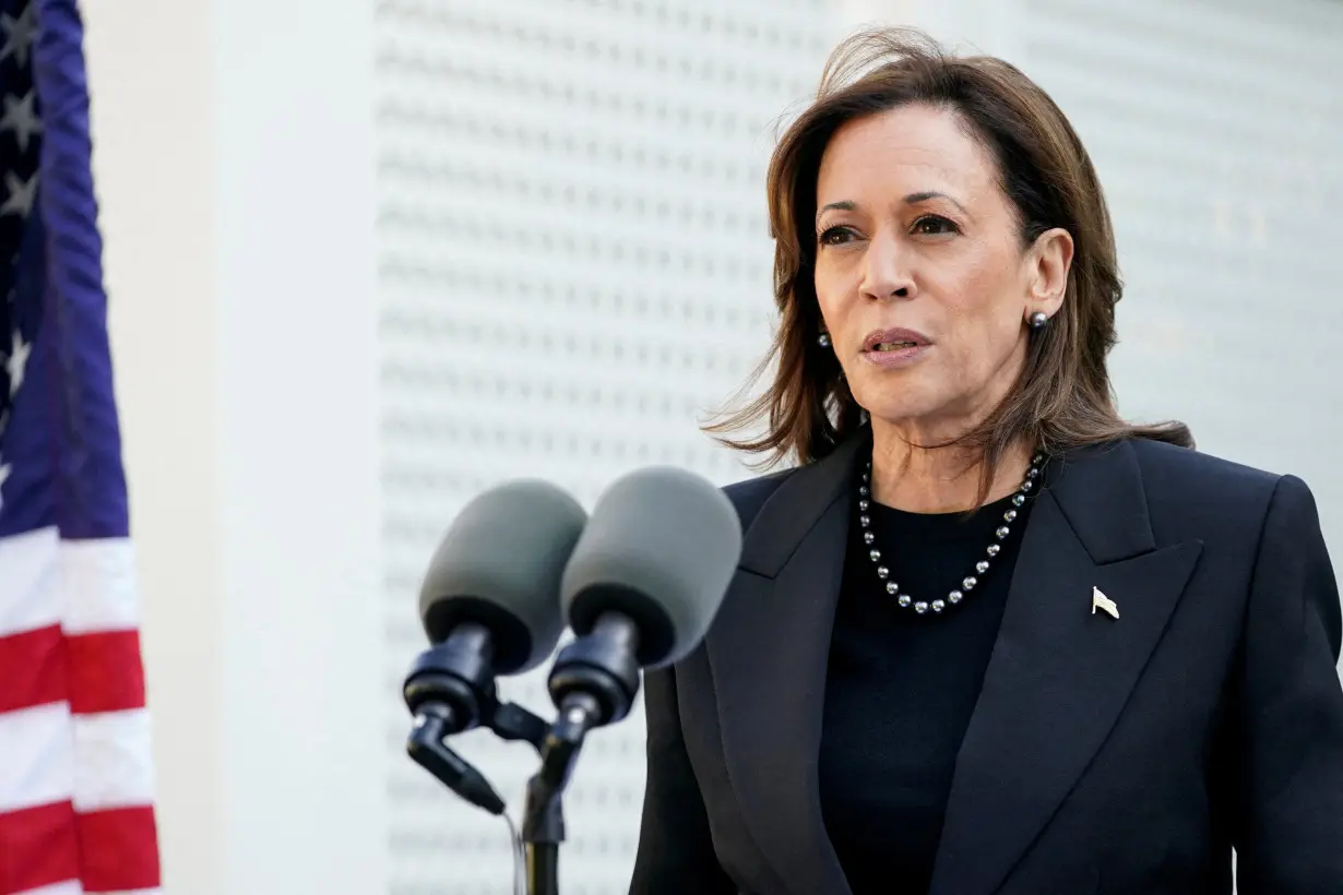 FILE PHOTO: Democratic presidential nominee and U.S. Vice President Harris marks the anniversary of the Oct. 7 Hamas attacks on Israel, in Washington