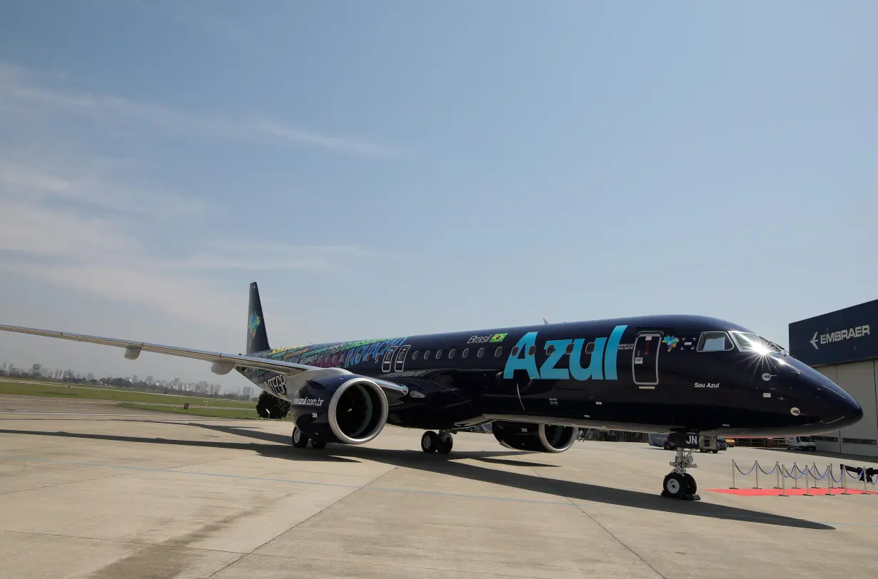 E2-195 plane with Brazil's No. 3 airline Azul SA logo is seen during a launch event in Sao Jose dos Campos