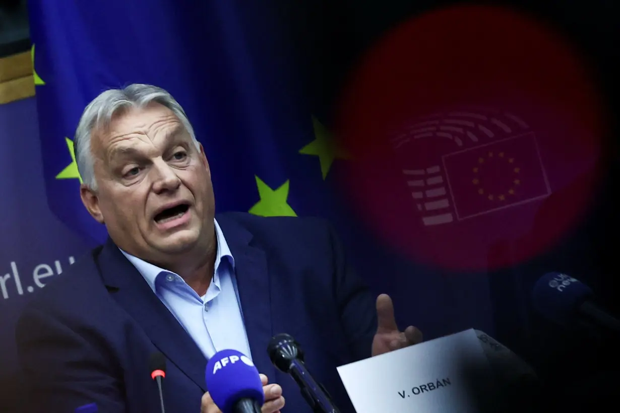 Hungarian PM Orban holds a press conference with MEP Kinga Gal, in Strasbourg