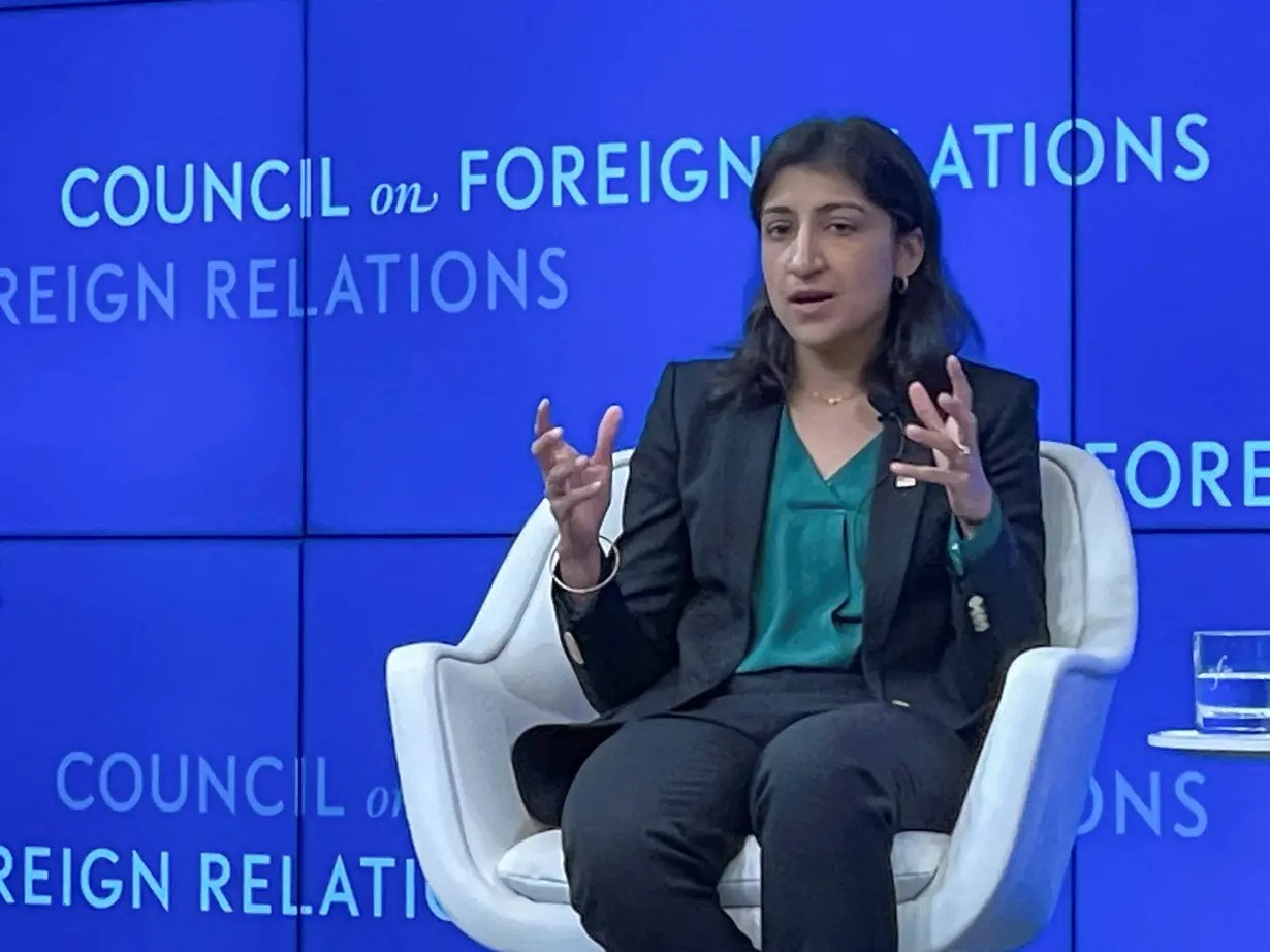 FILE PHOTO: U.S. Federal Trade Commission Chair Lina Khan speaks at the Council on Foreign Relations in New York.