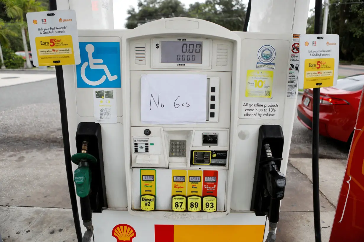 FILE PHOTO: A gas station runs out of fuel as residents evacuate before for Hurricane Milton's arrival in St. Petersburg