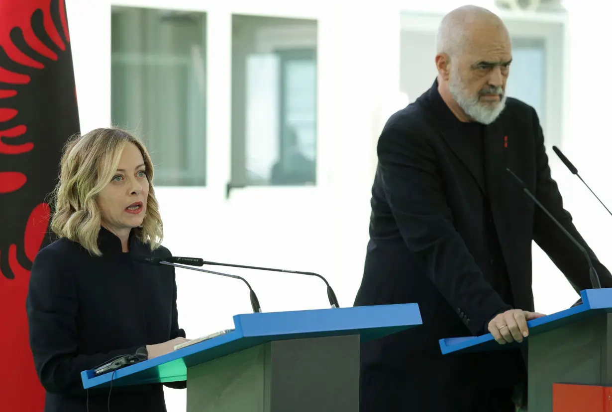 Italy's Prime Minister Giorgia Meloni, left, and Albania's Prime Minister Edi Rama give a press conference as part of a visit to the site of an Italian-run migrant center at the port of Shengjin on June 5.