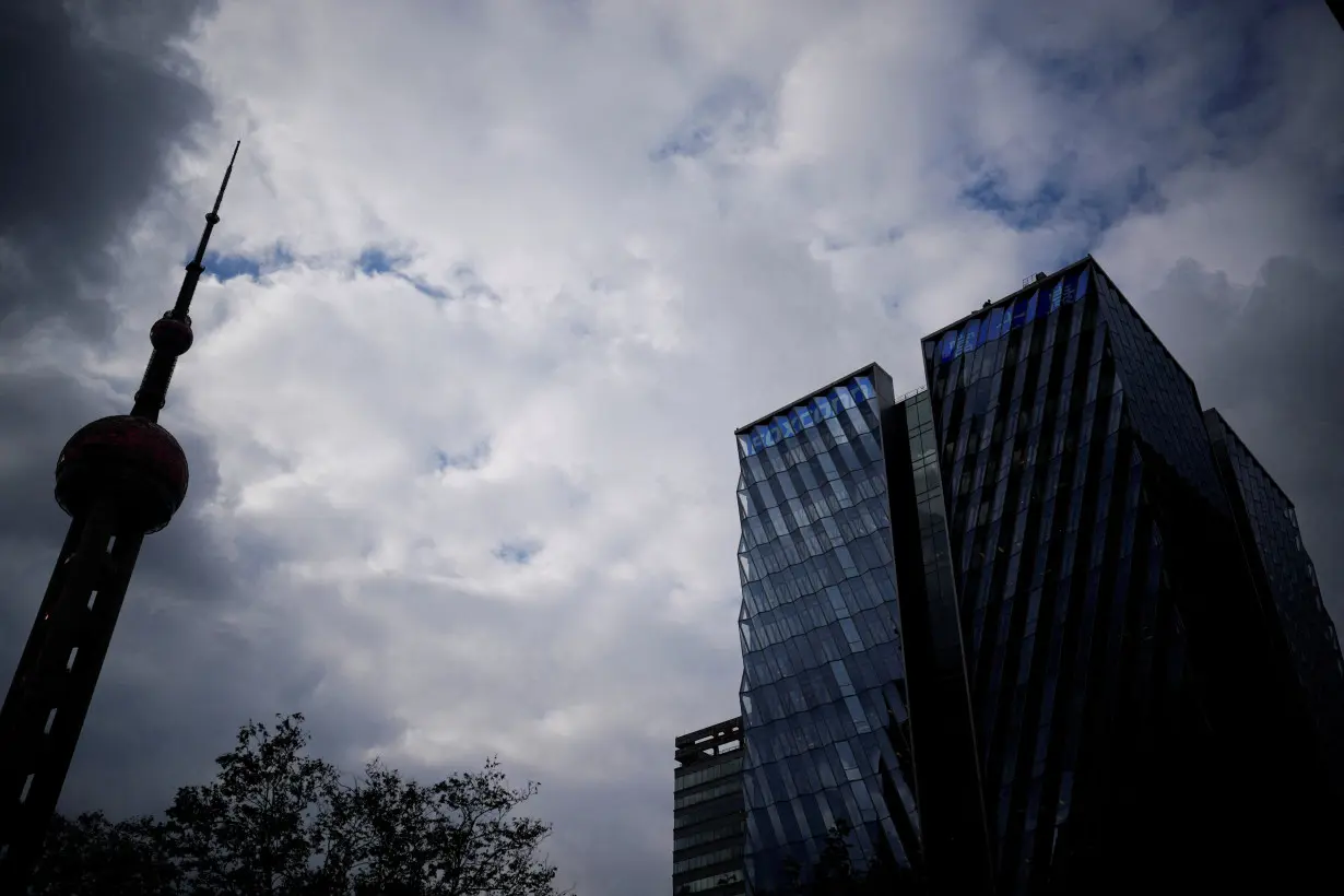 FILE PHOTO: The building of Shanghai Foxconn headquarters is pictured at the Lujiazui financial district of Pudong amid the COVID-19 outbreak in Shanghai