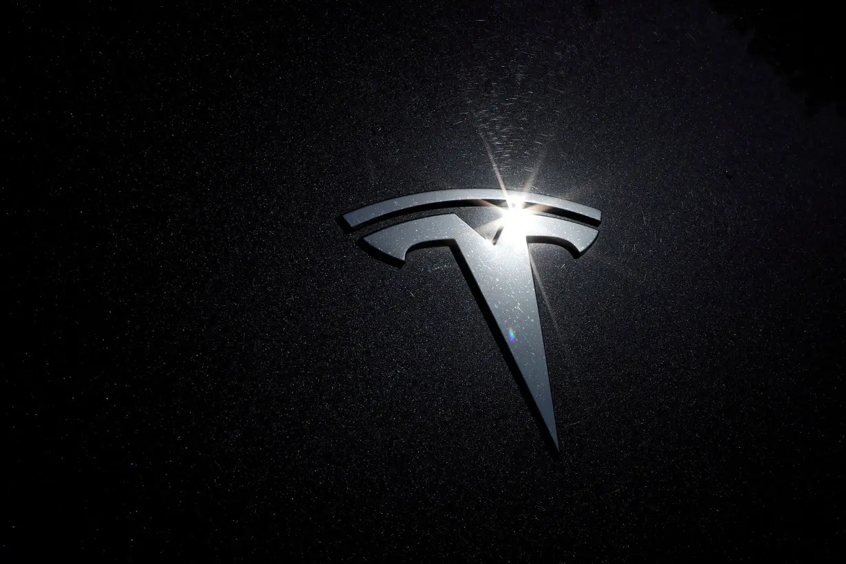 FILE PHOTO: The Tesla logo is seen on a car in Los Angeles