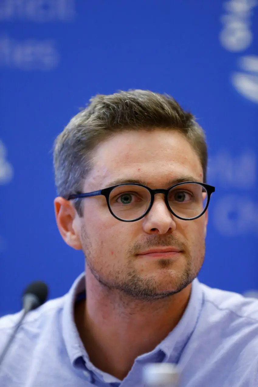 Daniel Hogsta, International Campaign to Abolish Nuclear Weapons coordinator, attends a news conference after ICAN won the Nobel Peace Prize 2017, in Geneva