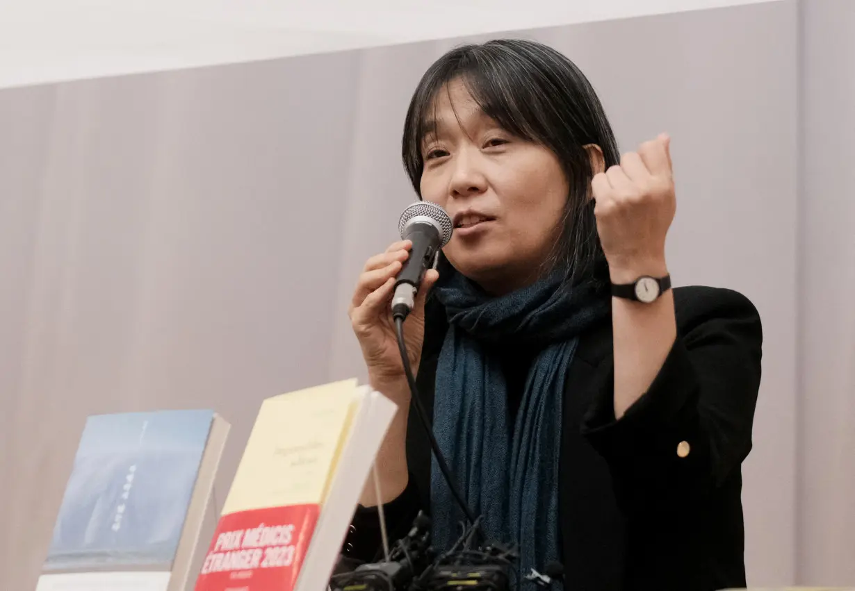 South Korean author Han Kang, the winner of the 2024 Nobel Prize in Literature, attends a press conference, in Seoul