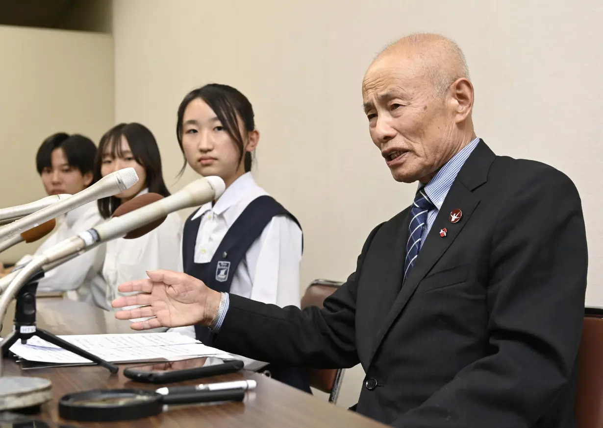 Japan Confederation of A- and H-Bomb Sufferers Organizations (Nihon Hidankyo) co-chair Toshiyuki Mimaki attends a press conference in Hiroshima