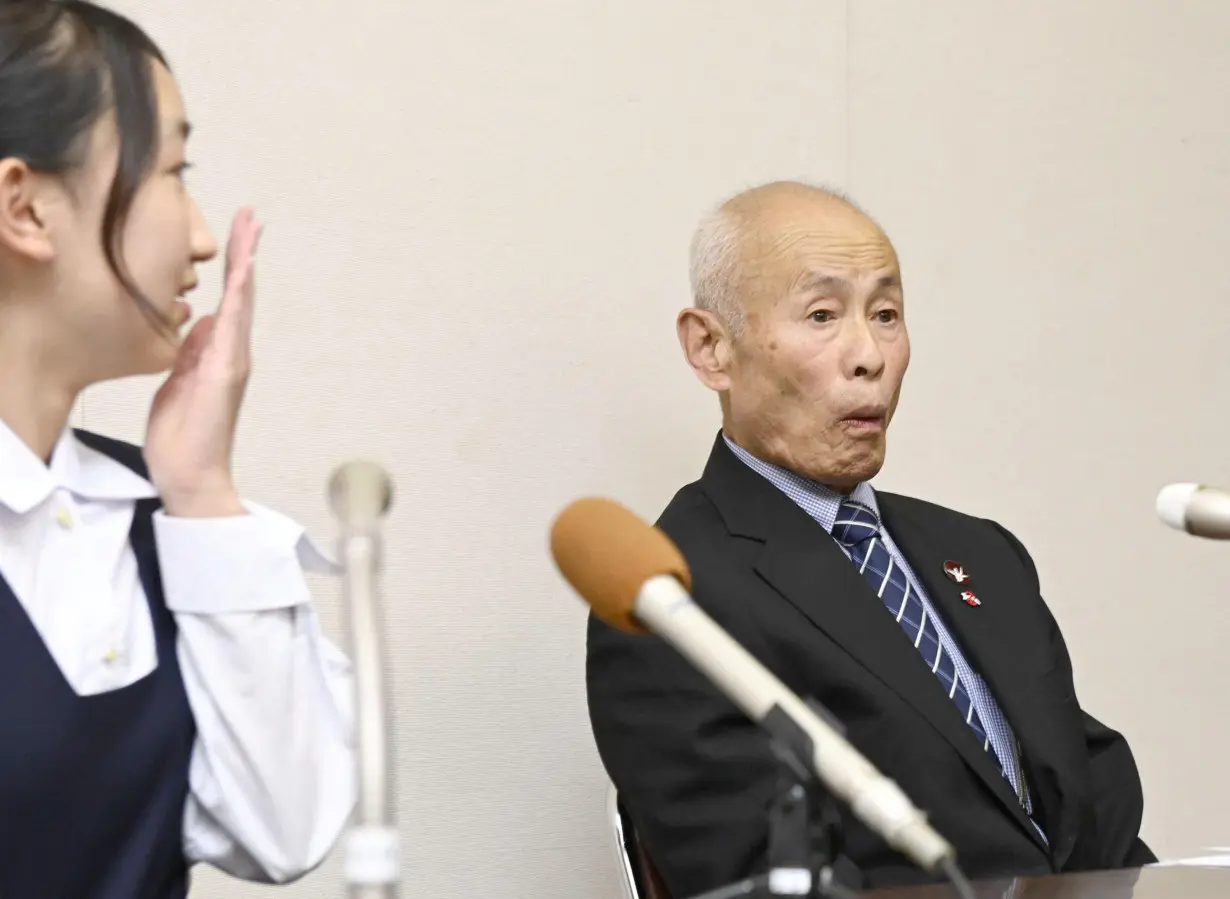 Japan Confederation of A- and H-Bomb Sufferers Organizations (Nihon Hidankyo) co-chair Toshiyuki Mimaki, who survived the 1945 atomic bombing of Hiroshima, reacts after the 2024 Nobel Peace Prize winner was announced in Hiroshima