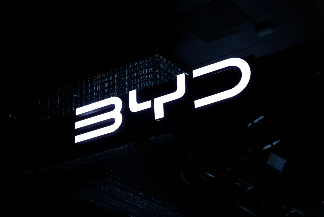 A view of the logo of BYD during the launch of the BYD eMAX 7, an electric MPV by Chinese car and battery maker BYD, in New Delhi