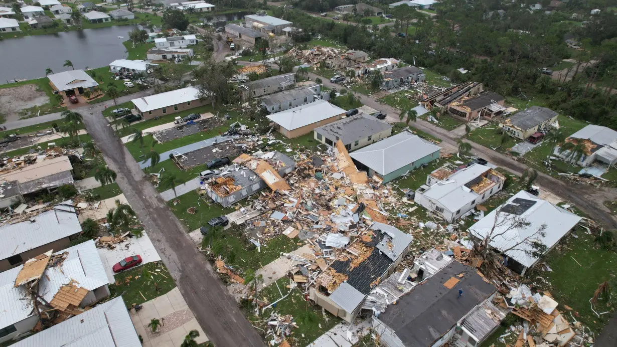 An aerial view shows destruction at the Spanish Lakes country club in Fort Pierce, Florida, in the aftermath of Hurricane Milton on Thursday, October 10.