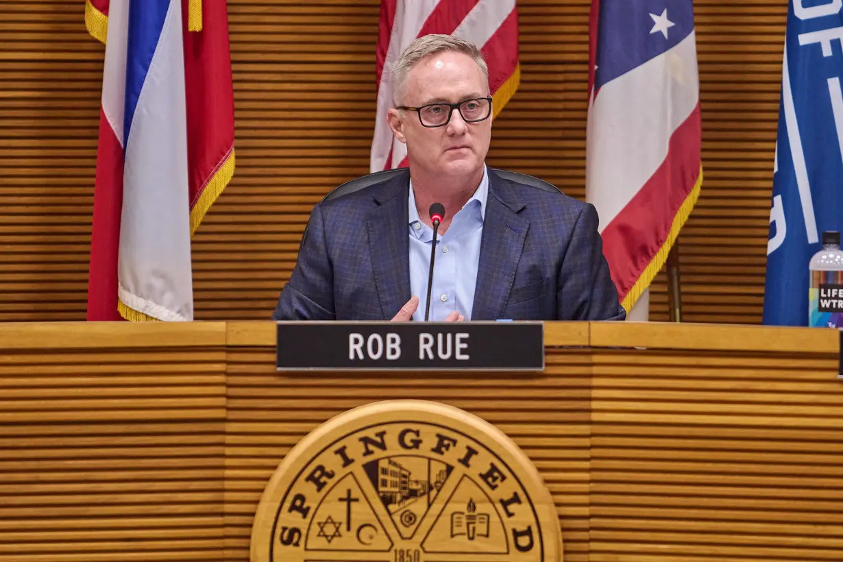 Springfield, Ohio Mayor Rob Rue speaks to residents during a town hall about the 2024 presidential election's focus on the town's influx of Haitian immigrants, on September 24.