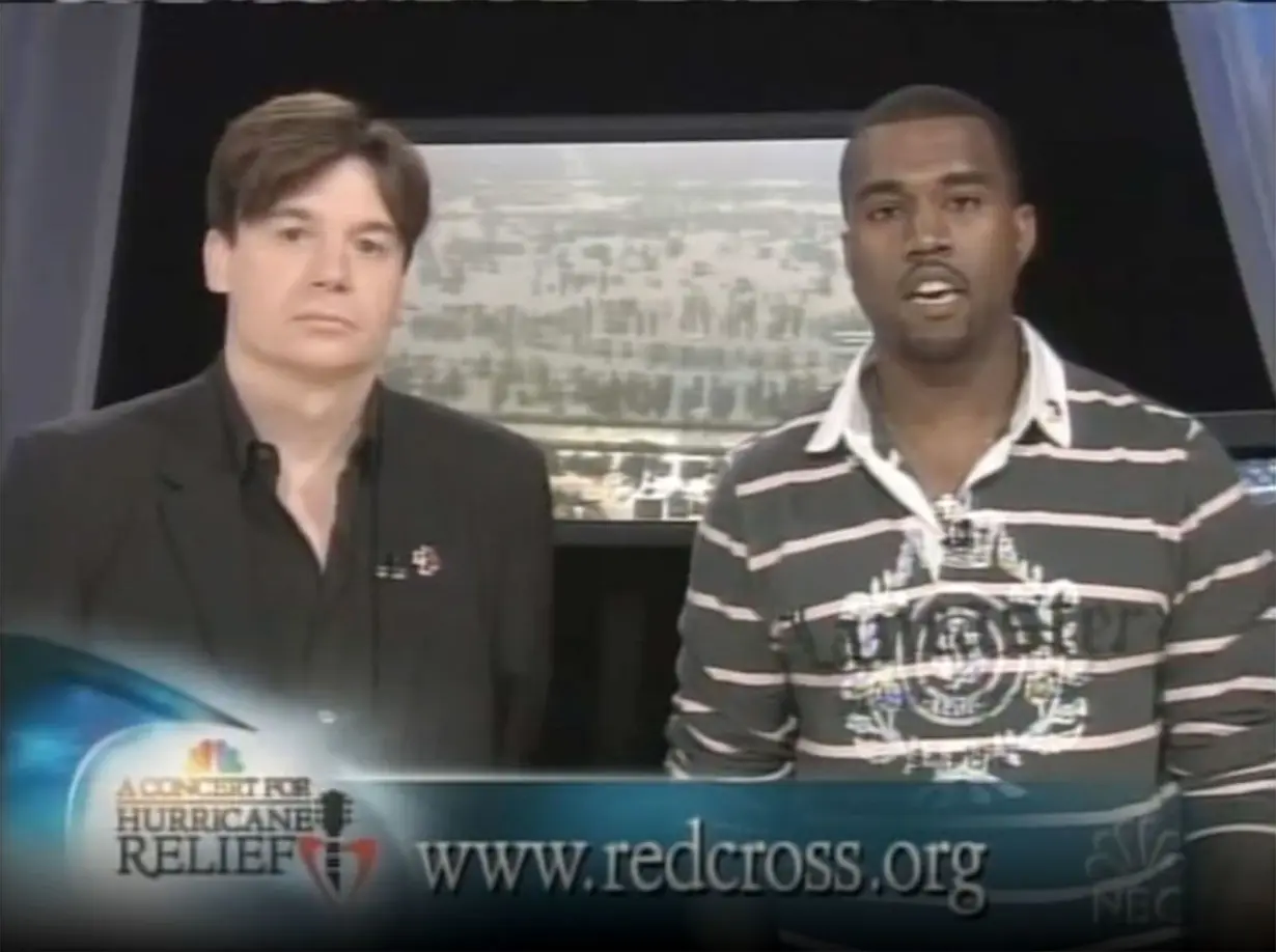 Mike Myers and Kanye West appear on a Hurricane Katrina relief telethon in 2005.