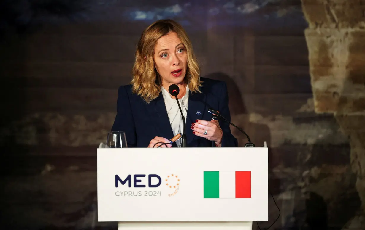 FILE PHOTO: Italy's Prime Minister Giorgia Meloni speaks during a press conference