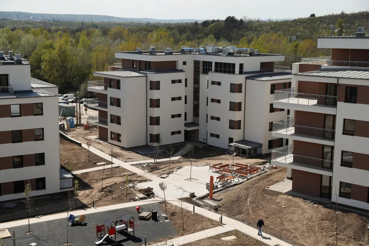 Newly built buildings are seen at a residential park in Budapest